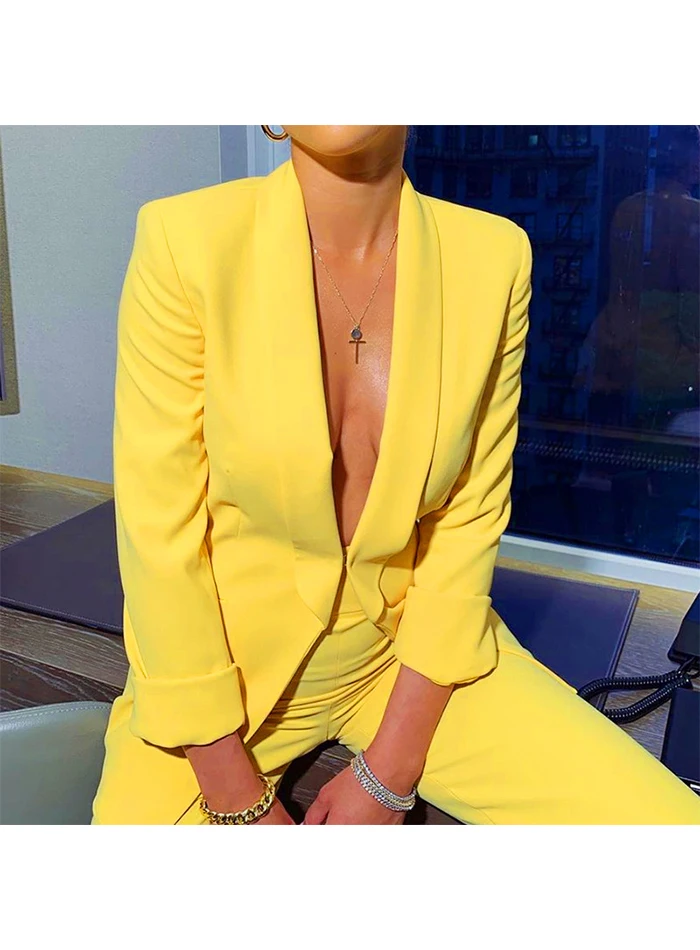 Liva girl желтый неоновый офисный костюм, набор для женщин, Блейзер, куртка, брюки-клеш, сексуальный Повседневный Женский комплект из 2 предметов, осень зима
