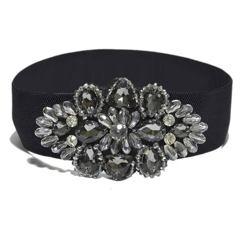 Luxury Brand Wide Belt Floral Rhinestone Belts For Women Buckles Stretchy Elastic Waist Belt Ladies Fashion Waistband Ceinture