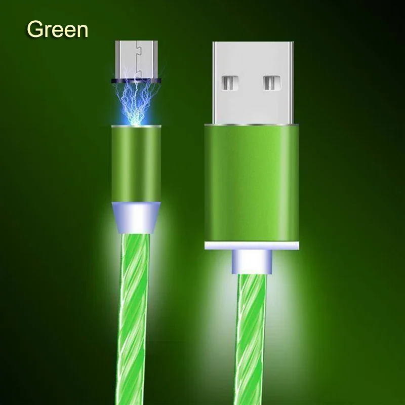 Магнитный поток светильник светодиодный стример Micro usb type-c кабель для зарядки магнитное зарядное устройство 1 м для Iphone huawei samsung LG - Цвет: Green