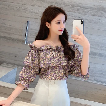 

COIGARSAM Vintage Ruffles blouse women Print blusas womens tops and blouses Purple Red Yellow 6822