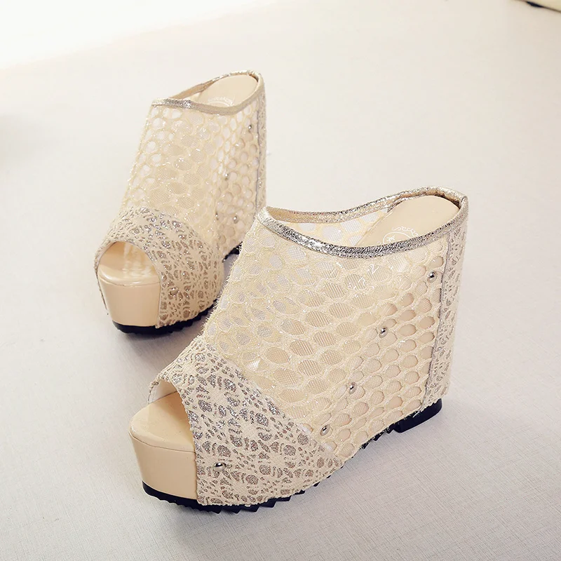 Women High Heels Platform Sandals Summer Mesh Slip On Peep Toe Rubber Sole
