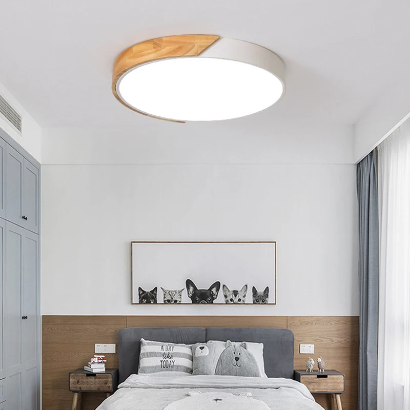 

Newly Nordic Round LED Ceiling Light Wood Macaron Ceiling Light for Bedroom Dining Room MK