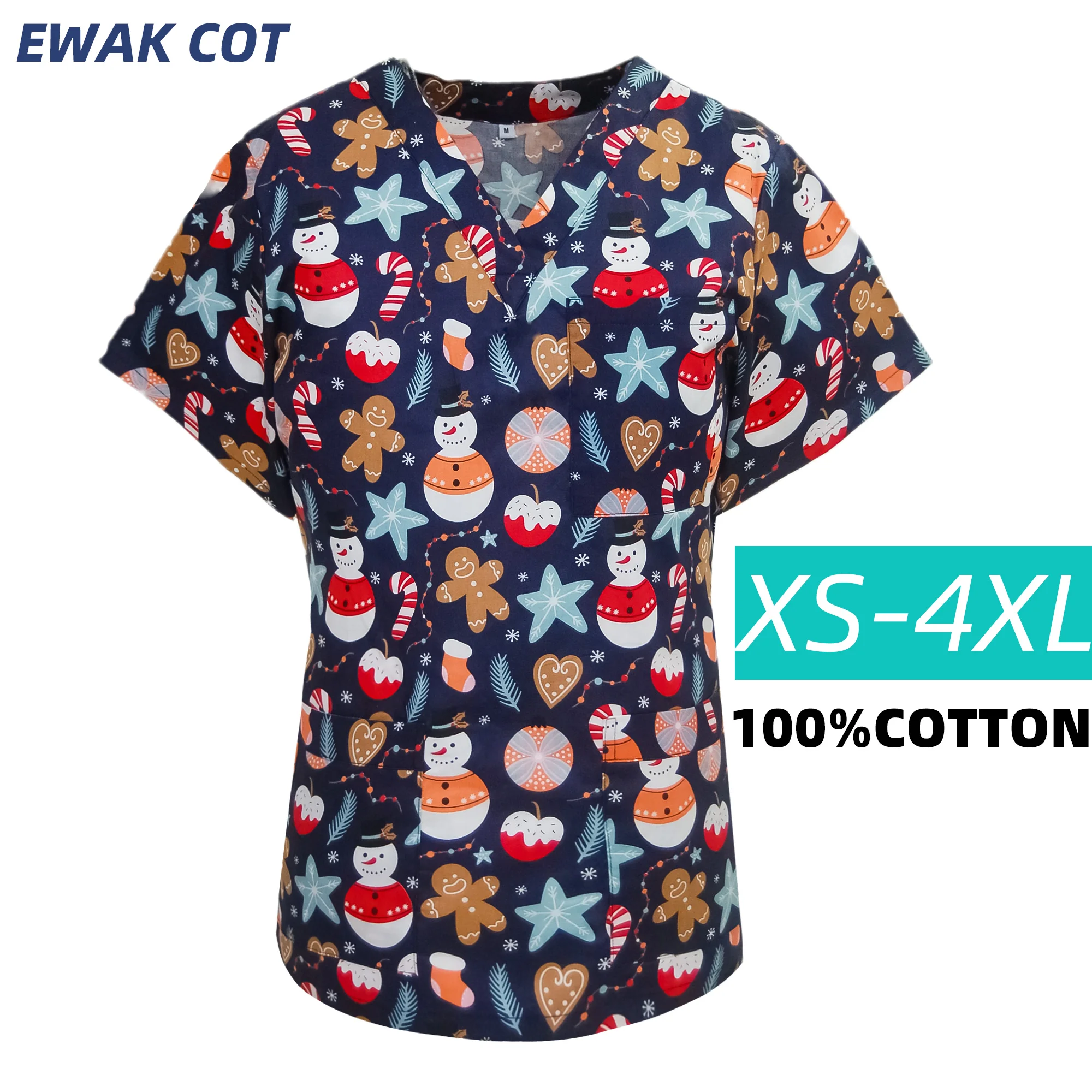 Fashion Christmas Scrubs Tops Clinical Uniforms 3 Pocket Short Sleeve V-neck Tops Nurse Uniform T-shirts Medical Scrubs Blouse