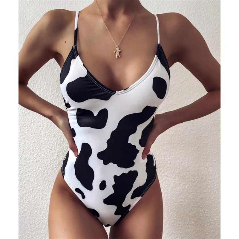 GNIM One Piece Bikini Swimwear Women 2020 Summer Cow Print Swimsuit Beachwear Sexy High Cut Backless Swimming Suit For Women New