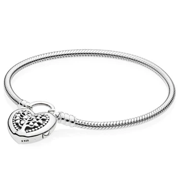 

925 Sterling Silver Bracelet MOMENTS Tree of Life Love Heart padlock Clasp Bracelet Bangle Fit Bead Charm Diy Fine Jewelry
