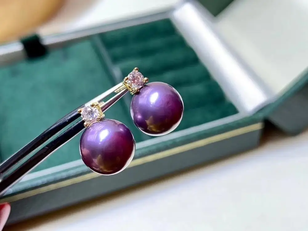 

D405 Pearl Earrings Fine Jewelry Solid 18k Gold Natural Round 8-9mm Fresh Water Purple Pearls Stud Earrings for Women Presents