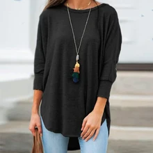 Solid Black Shirt Woman Casual Cotton O Neck Women's Tops And Blouses Three Quarter Sleeve Irregular Women Blouses Tunic Autumn
