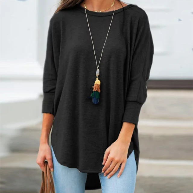 US $6.99 Solid Black Shirt Woman Casual Cotton O Neck Women's Tops And Blouses Three Quarter Sleeve Irregula