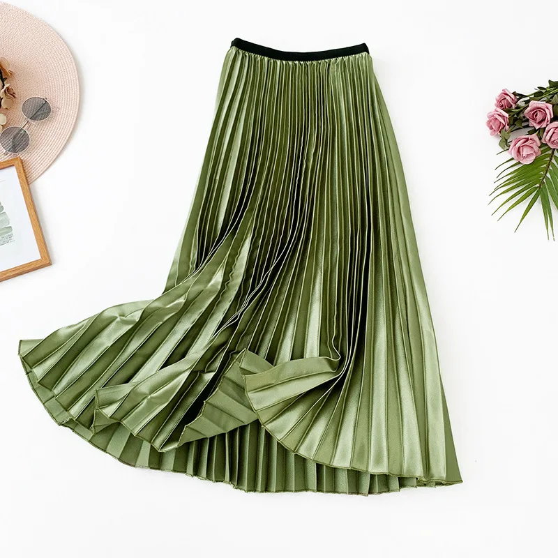 Осенняя мода, плиссированные юбки, Женская сатиновая юбка макси с высокой талией, однотонная винтажная длинная юбка, Saia Faldas Mujer Moda
