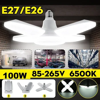 

100W Garage Light Deformable LED Fan Ceiling Lights No Flicker E26/27 LED Bulb 85-265V Degrees Angle Adjustable Industrial Lamp