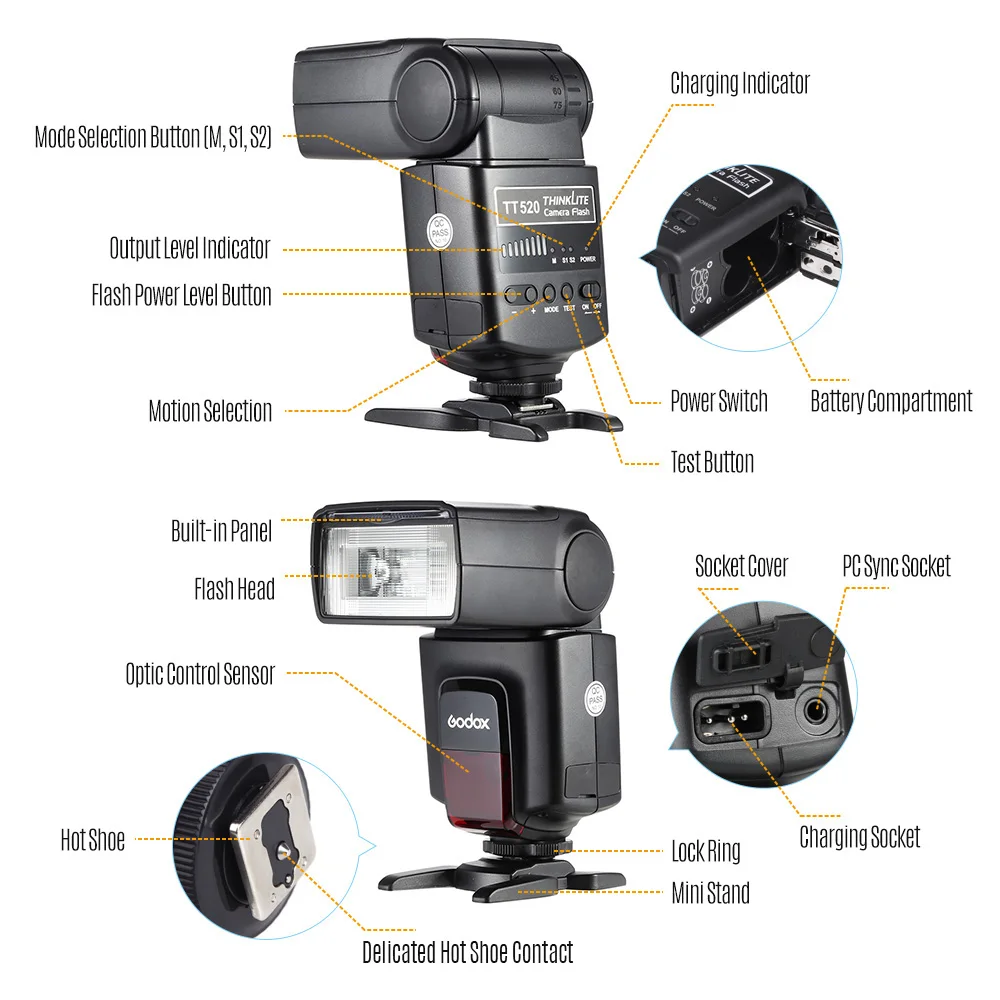 On Camera Flash Godox TT520 Electronic Speedlite+AT-16 2.4G Wireless Trigger Transmitter Guide S1 S2 Mode For Canon Nikon Pentax