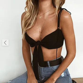 

Sexy Womens Tank Tops Deep V-Neck Bandage Front Knot Tie Crop Tops Sleeveless Bow Short Strapped Camis Top High Street