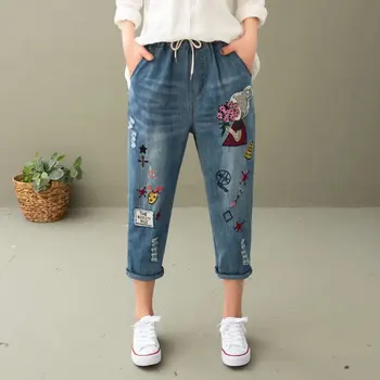 

Joker Leisure Cartoon Patch Flowers Girl Embroidery Hole Jeans Female Harlan Pants