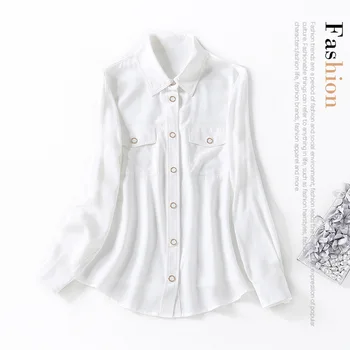 

New Lapel metal buckle chest pocket long sleeve versatile 03 heavyweight silk shirt top female