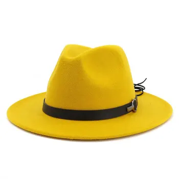 

Women Men Wide Brim Wool Felt Jazz Fedora Hats Panama Style Cowboy Party formal Dress Hat Large Size Yellow white 2020