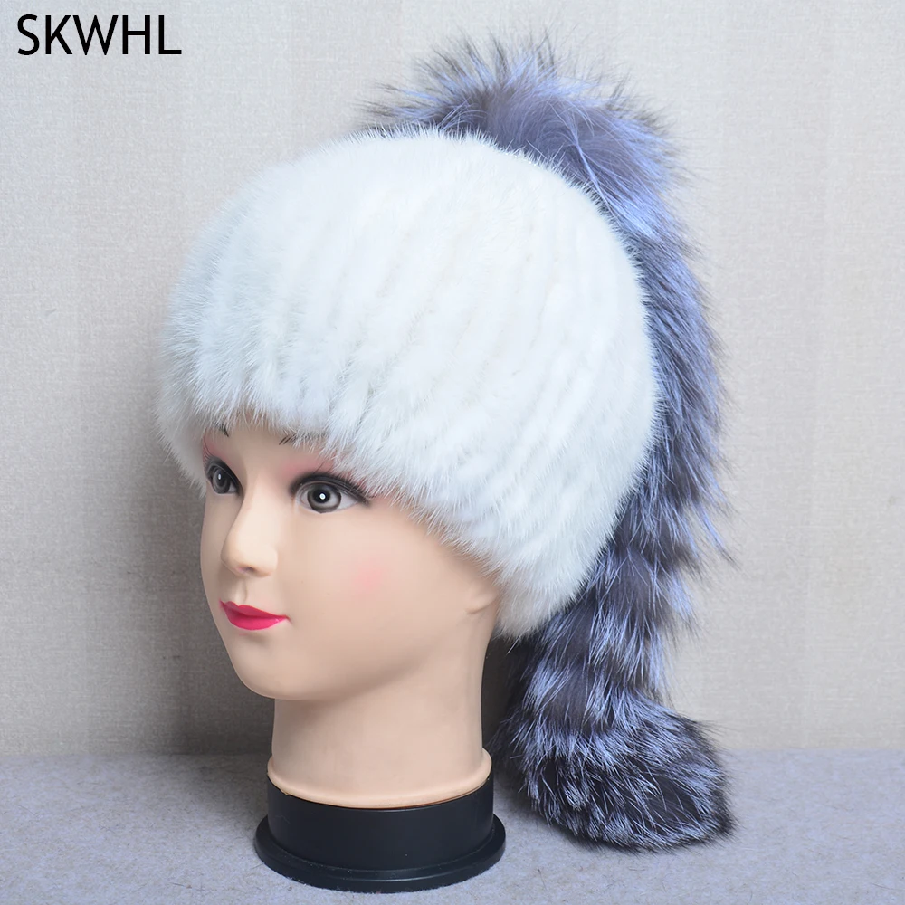 

Fox Pom Pom Mink Fur Hat Winter Fall Warm Real Fur Hats Women Knitted Beanie Caps Stylish Female Girls Fashion Fluffy Hats