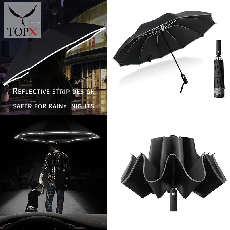 Folding Auto Waterproof Led Umbrella Light-9k Fiberglass Ribs Reflective Safety Tape Flashlight Handle Men Women 