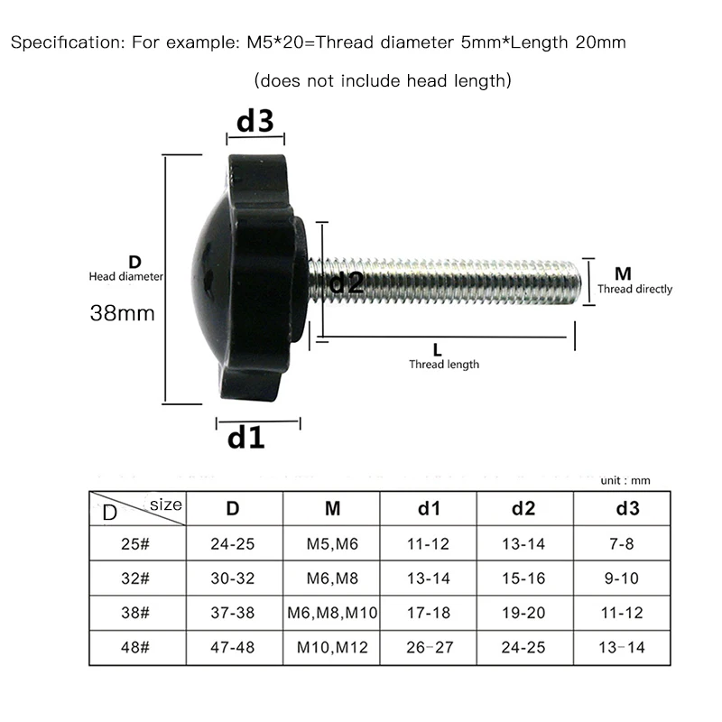 2pcs M8 Thread Star Shaped Clamping Nuts Knob For Industry Equipment Bakelite Plastic Head Handle Screw Head diameter 48