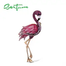 SANTUZZA Silver Brooch for Women Pure 925 Sterling Silver Rose Gold Color Flamingo Bird Animal Fashion Jewelry Handmade Enamel