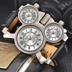Oulm 1167 Three Time Zone Sport Men's Quartz Watches Big Dial Casual Genuine Leather Wristwatch Top Luxury Brand Male Clock