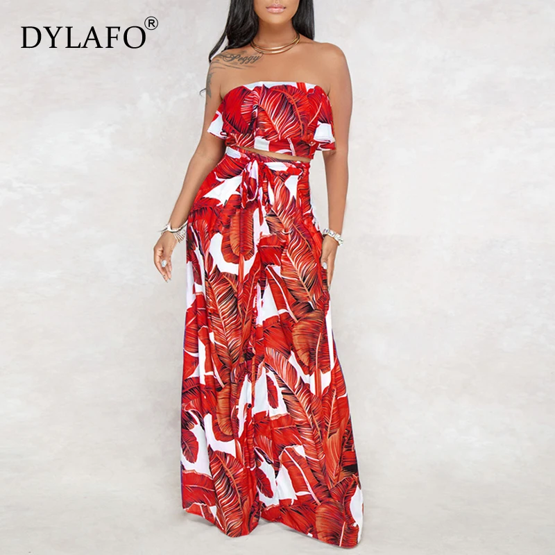 Boho Women Two Piece Set Leaves Print Off Shoulder Ruffles Cropped Top Wide Leg Pants High Waist Slim Sexy Suits Streetwear