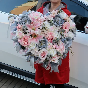 

Wedding Car Decoration Suit Lace Heart Wreath Mixed Color Artificial Flowers Artificial Decorations Roses Fake FLowers 1 Set