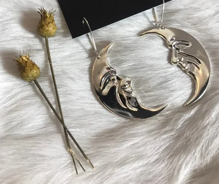 Moon Face Earrings, Drop Earrings, Moon Face, Choose Plated,HALF MOON EARRINGS Cresent Man on The Moon Witchy Celestial