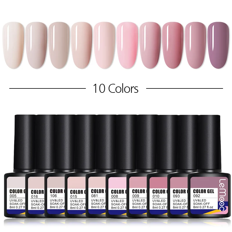 

LEMOOC 10 Bottles Gel Polish Set Semi Permanent Hybrid Nail Varnish Soak Off UV LED Varnishes Lacquers Base Top Coat Nail Kits