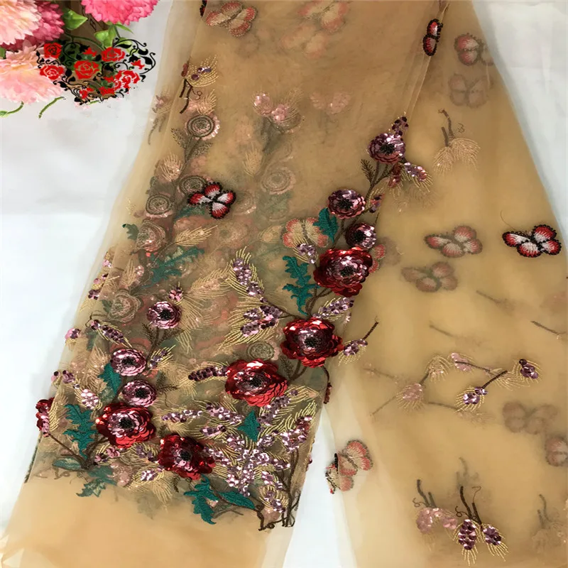 SASKIA 3D цветок блесток сетка вышивка ткань высокое качество французский африканский кружево ткани бабочка шитье для свадебного платья Diy