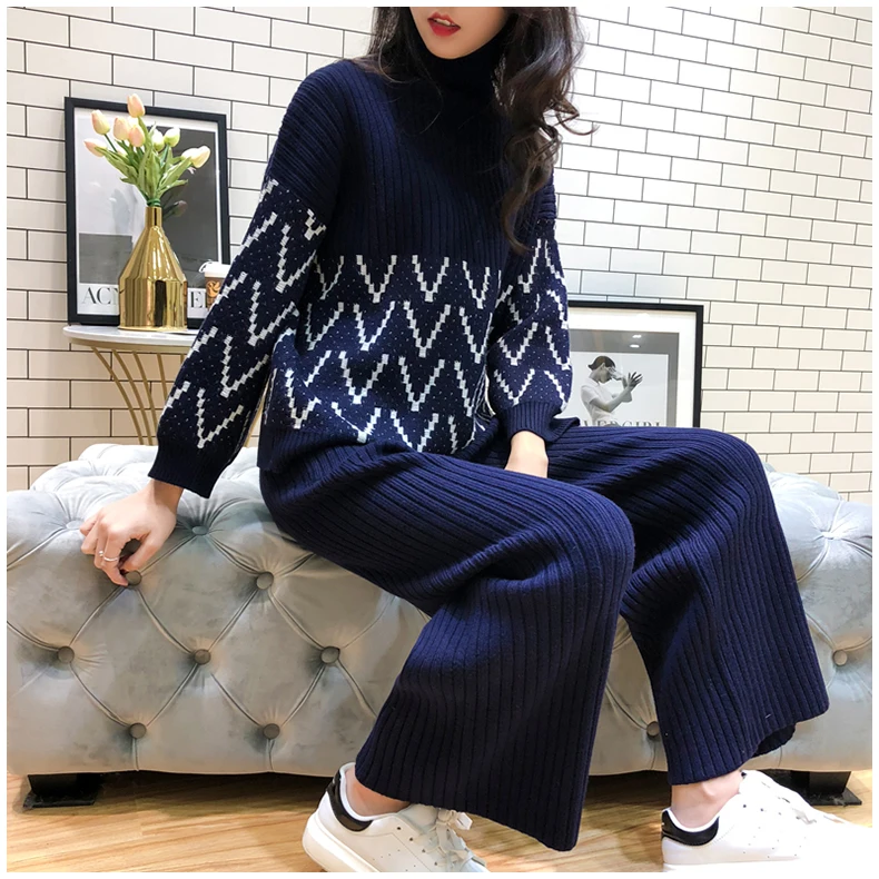 

2019 Winter Turtle Neck Pullovers Loose Knitting Sweater + Wide-leg Knit Pants Women 2pcs Casual Suit Black Blue