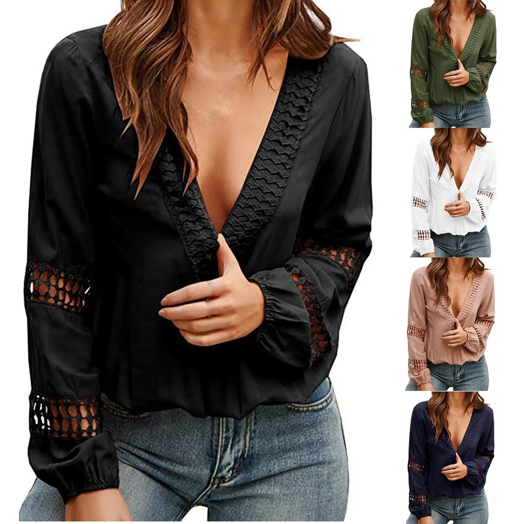 

Fashion Sexy Women's Lace Patchwork V-Neck Hollow Out T-Shirt Autumn Mesh Patchwork Tops Wear See-through Long Sleeve Tops