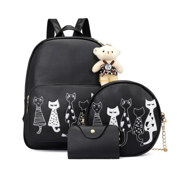 

Manufacturers Direct Selling 2018 New Style Fashion Pu Soft Surface Embroidery Backpack Different Size Bags Students Three-piece