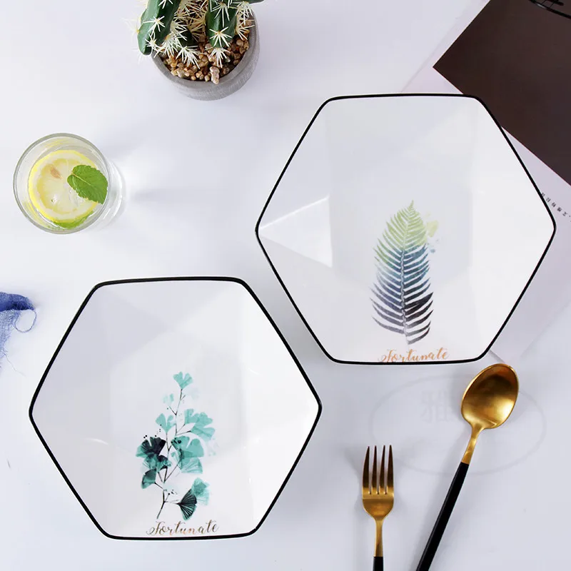 

Nordic Hexagon Black Edge Leaves Ceramic Dinner Plate Diamond Shape Tableware Porcelain Steak Dish Tray Fruit Salad Snack Plate