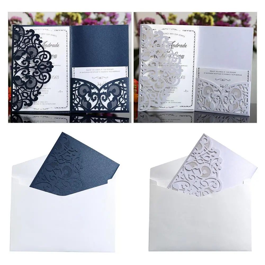  10Pcs Wedding Cards European Style Laser Cut Invitations Cards Tri-Fold Lace Business Wedding Decor - 4.00043E+12