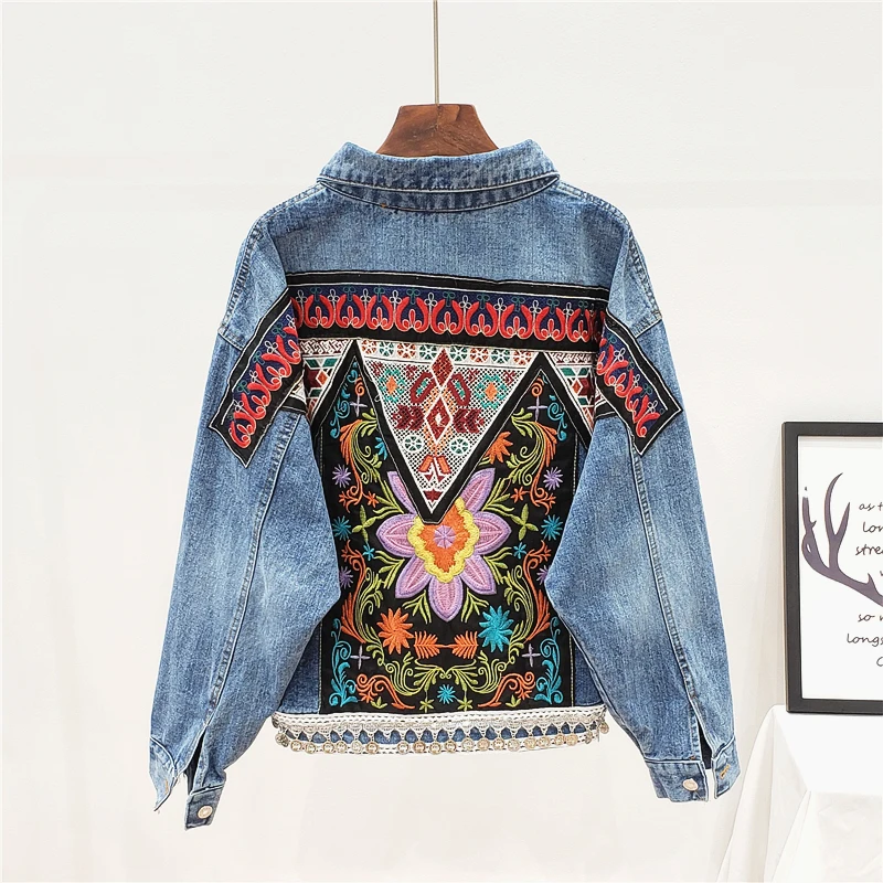 

Bohemia Embroidery Flowers Denim Jacket Women Outerwear Vintage Boho Loose Long sleeve Jeans Jacket Basic Coat Female Streetwear