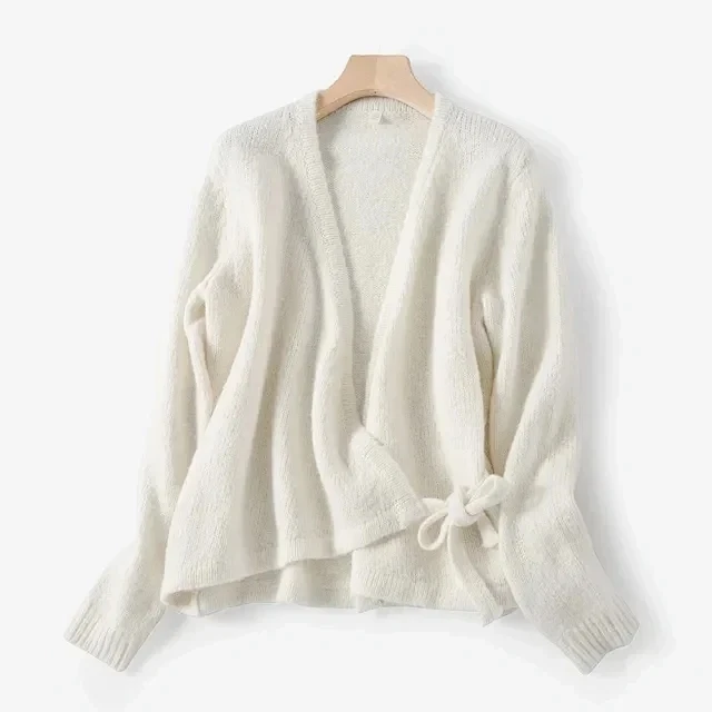 

Spring New V Neck Lace Up Cross Top Wrap Sweater Women White Loose Knitted Cardigan