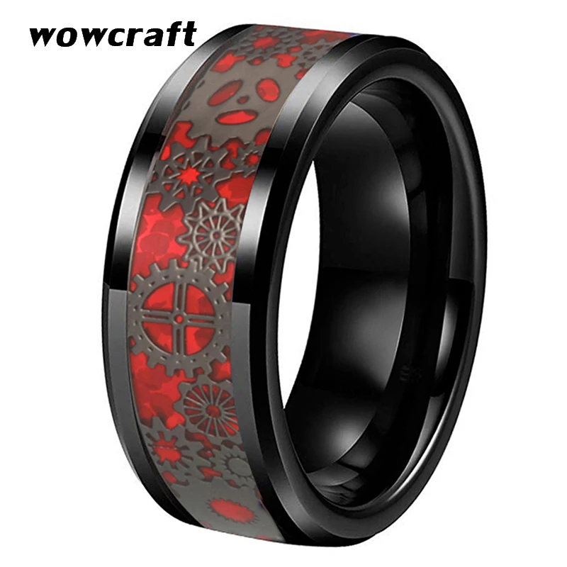 Cena 8mm obrączki wolframowe pierścienie węglikowe czarne dla mężczyzn kobiety Gears Red Opal wkładka skośne krawędzie polerowane błyszczące Comfort Fit