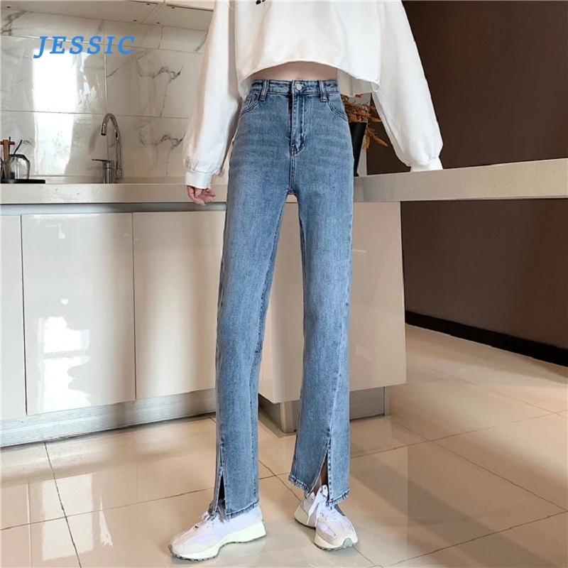 

JESSIC Slit Jeans High Waist New Fashionable Modern Women's Spring New Loose Straight Leg Thinner Wide Leg Mopping Pants