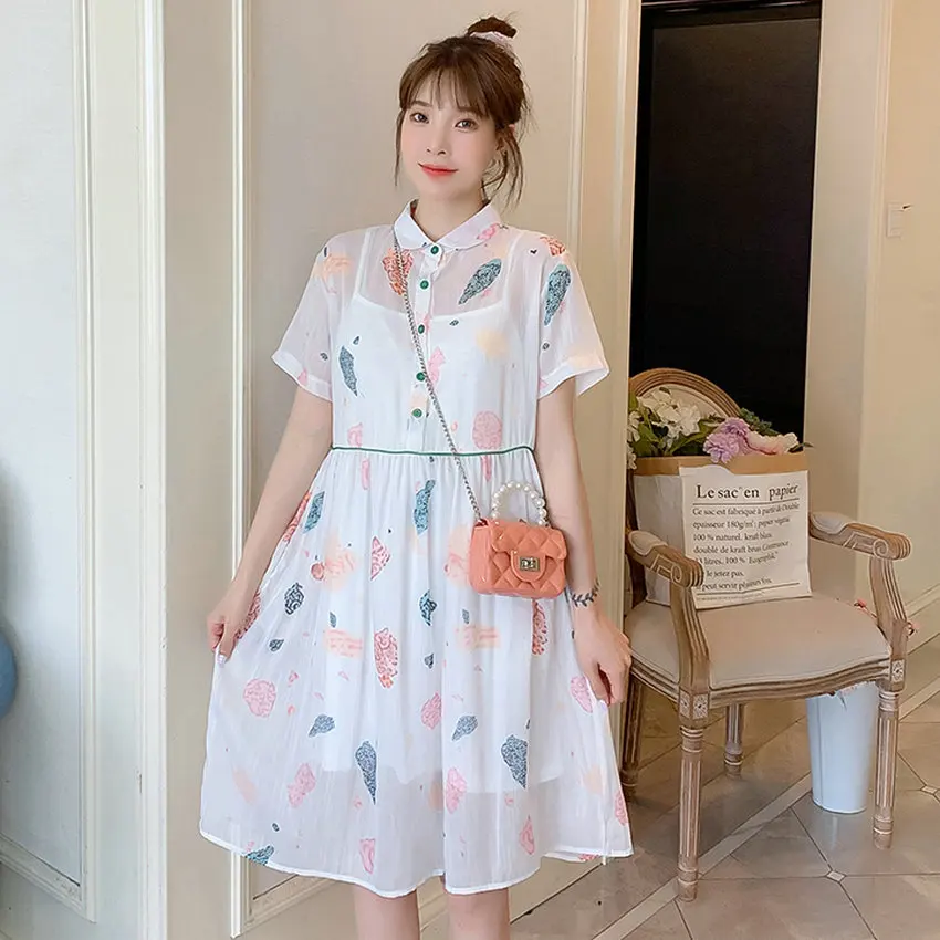 

Girls Summer White 2 Pieces Chiffon Shirt Dresses Woman Casual Turn Down Collar Short Sleeve Loose Fitting Plus Size Shirtdress