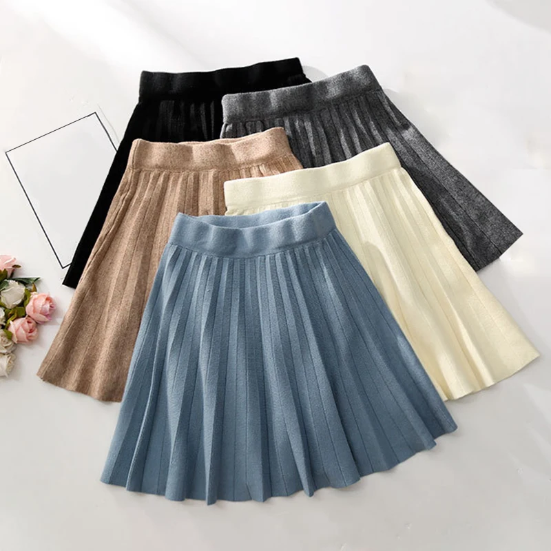 Зимняя Милая однотонная плиссированная Женская юбка, повседневная Корейская мини-трикотажная юбка с высокой талией, милая эластичная трапециевидная юбка в консервативном стиле