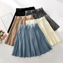 Зимняя Милая однотонная плиссированная Женская юбка, повседневная Корейская мини-трикотажная юбка с высокой талией, милая эластичная трапециевидная юбка в консервативном стиле