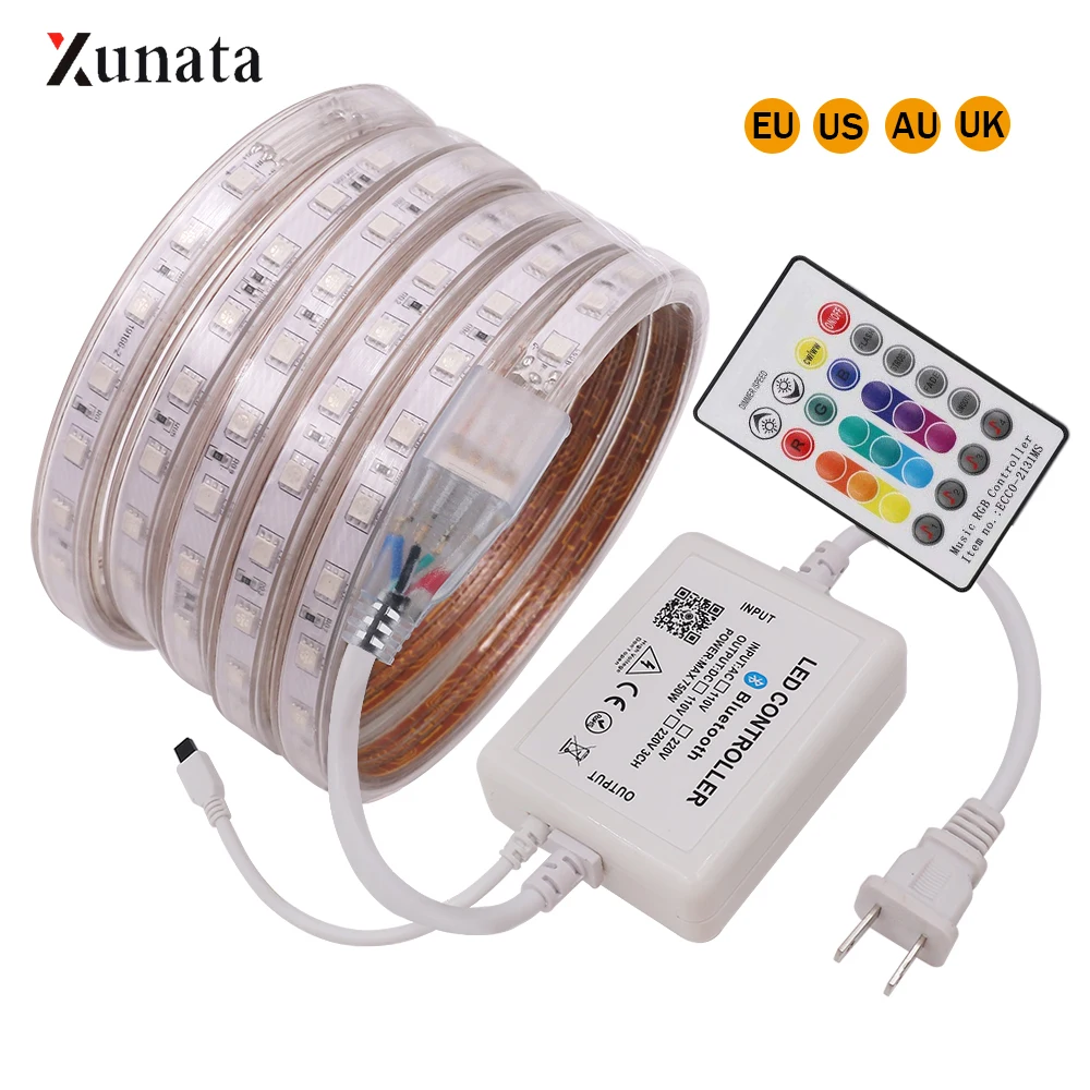 #cheap AC 110V 220V LED Strip Light SMD5050 60LEDs M Flexible RGB LED Strip Waterproof LED Tape with Bluetooth Music Remote Controller