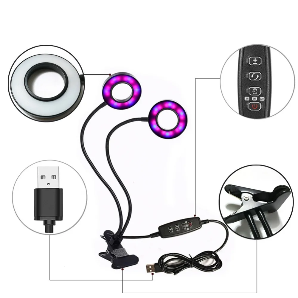 20W Dual Head LED Grow Light with 3/9/12H Timer Spectrum 360 Degree Flexible Gooseneck 3 Switch Modes for Indoor Herb Garden