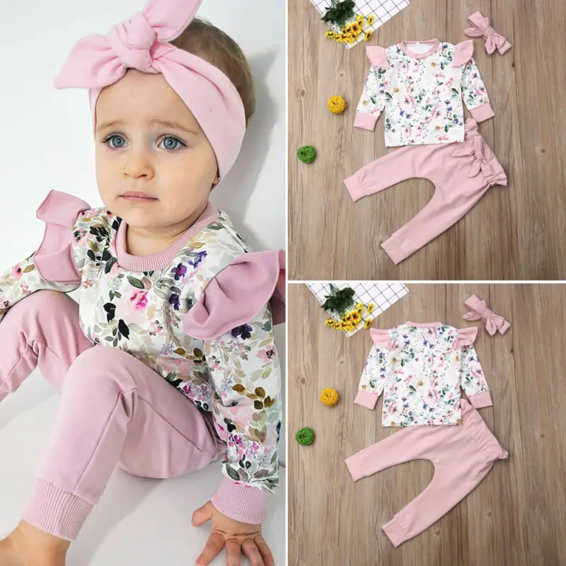 CANIS Sweet Infant Baby Girl Clothes Autumn Long Sleeve Ruffles Flower Printed Tops+Solid color Pants+Headband 3PCS Outfit
