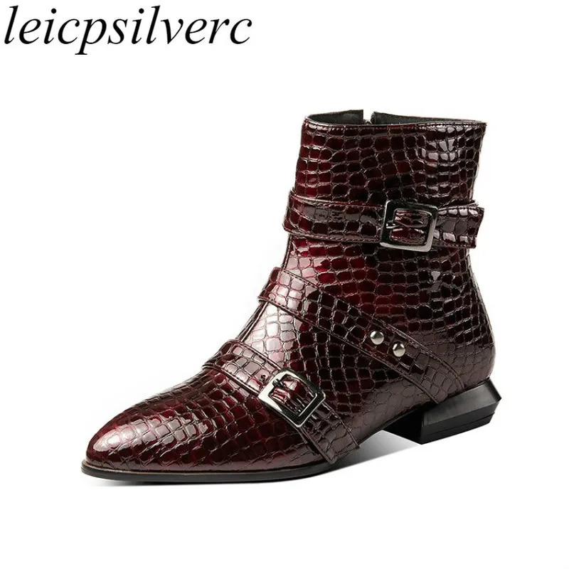 

Women's Boots Spring Autumn Low Heel Pointed Toe Ankle Zip Pu Martin Shoes 2019 New Sexy Fashion Black Wine Red Big Size 34-48