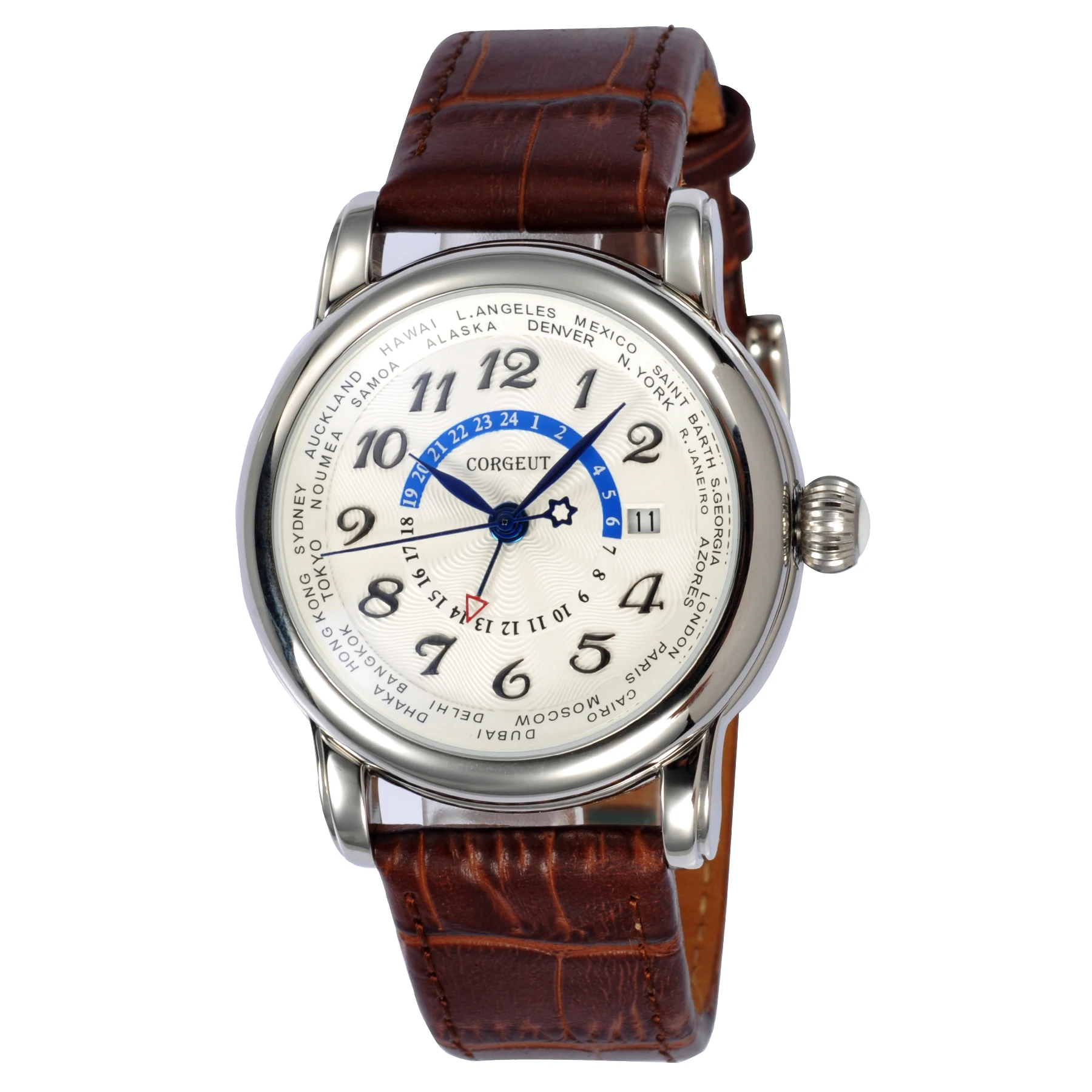 

Corgeut 43MM GMT White dial Stainless Steel case Genuine leather Date Automatic Men Wrist Watch