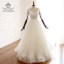 V-образным вырезом из бисера Свадебное платье Swanskirt A220 аппликации с низким вырезом на спине платье трапециевидной формы платье принцессы с рюшами, свадебное платье, Тюль Иллюзия vestido de noiva