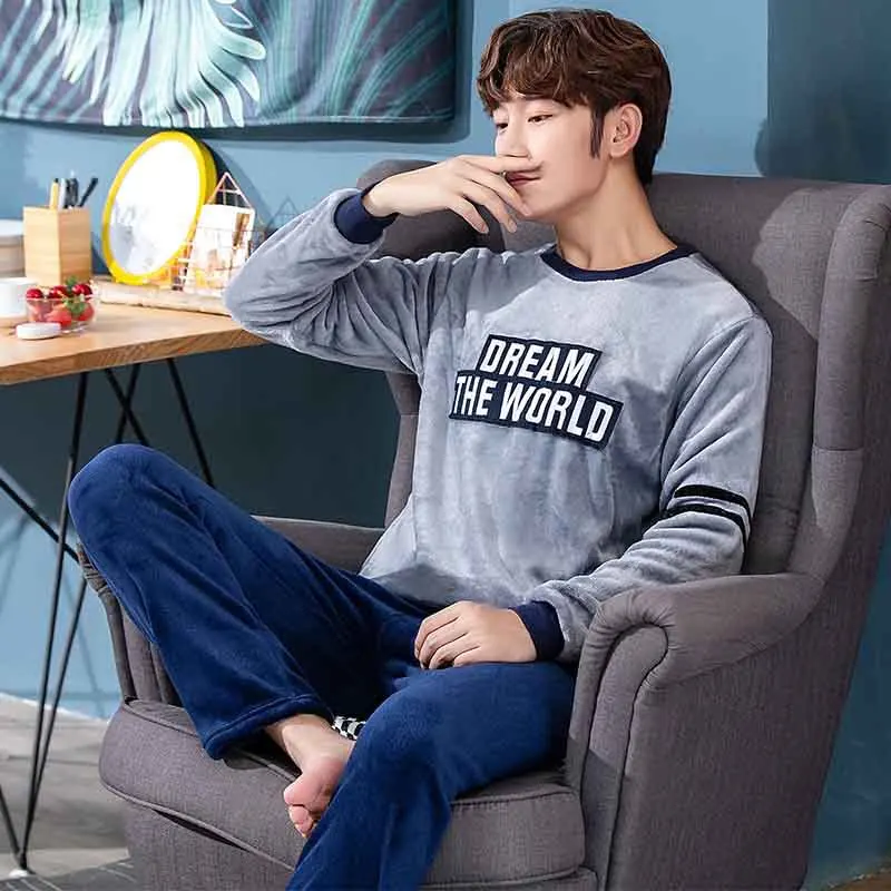2pcs/set Coral Fleece Men Pajamas Sets Flannel Full Pants Men Warm Thicken O-neck Sleep Wear Winter Man Home Clothes
