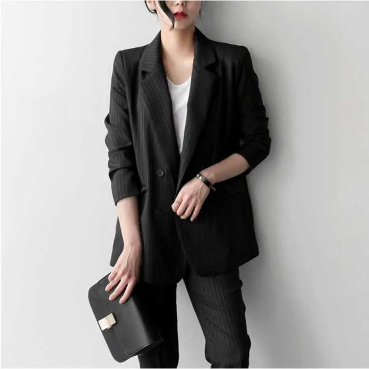 Bella philosophy autumn stripe double breasted blazer suit office lady elegant four colours pants suit two piece set - Цвет: black