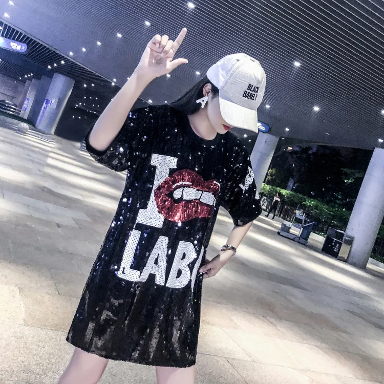 

Casual Straight Geometric Short Sequined Elegant Sexy Free Size Letter Round Neck Black Silver Summer Coctail Club Party Dress